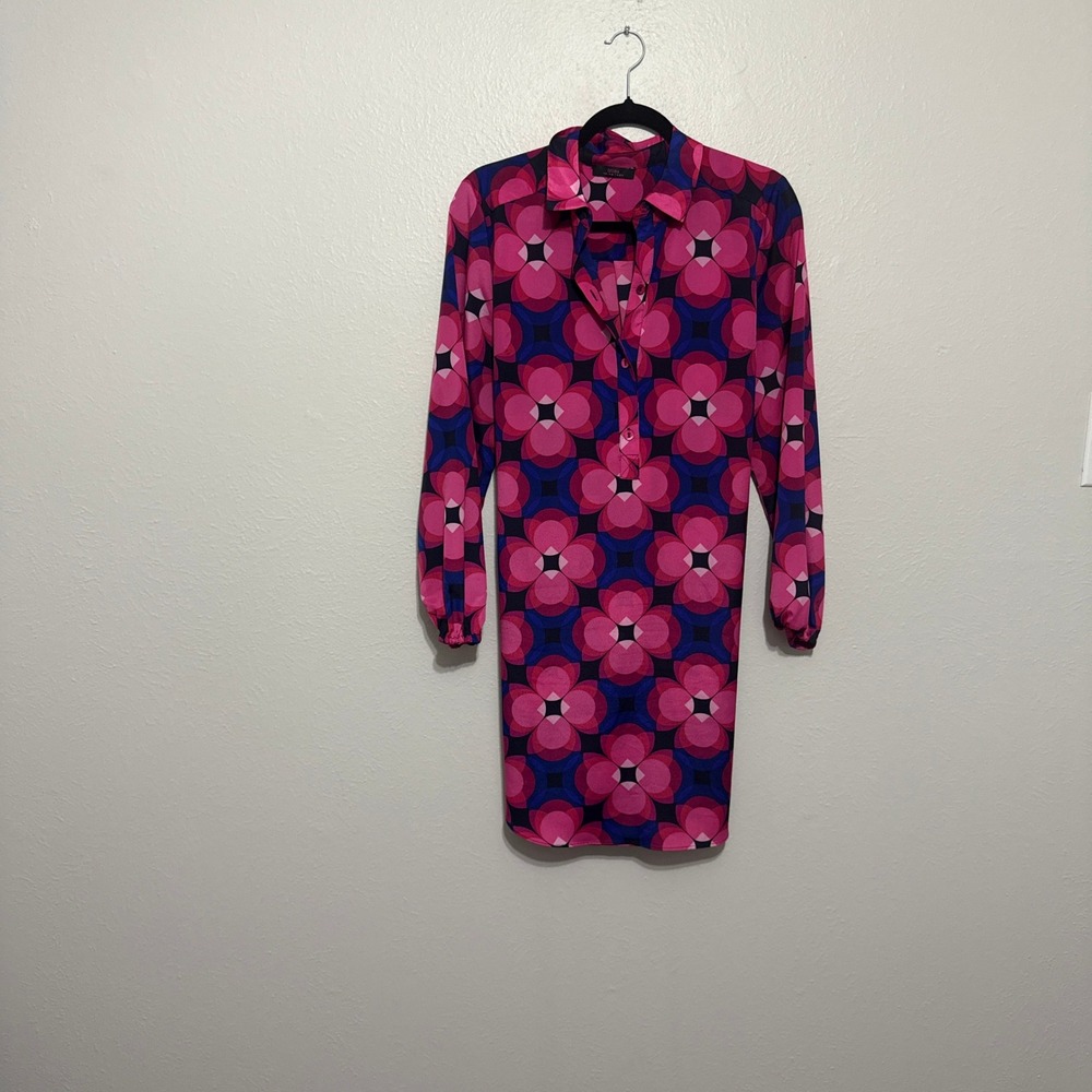 Trina Turk Pink Geometric Floral Tie Waist Shirt Dress M/L Retro 60s Resort - Picture 3 of 8